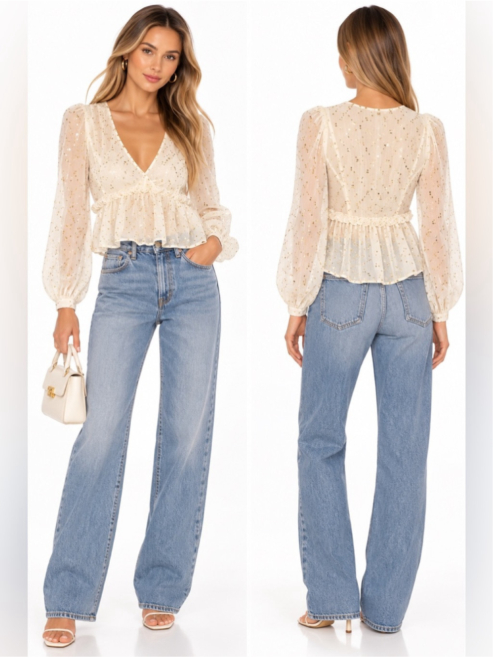 Aritzia Sunday Best Metallic Dot Sheer Ruffle Peplum Blouse Cream Size S